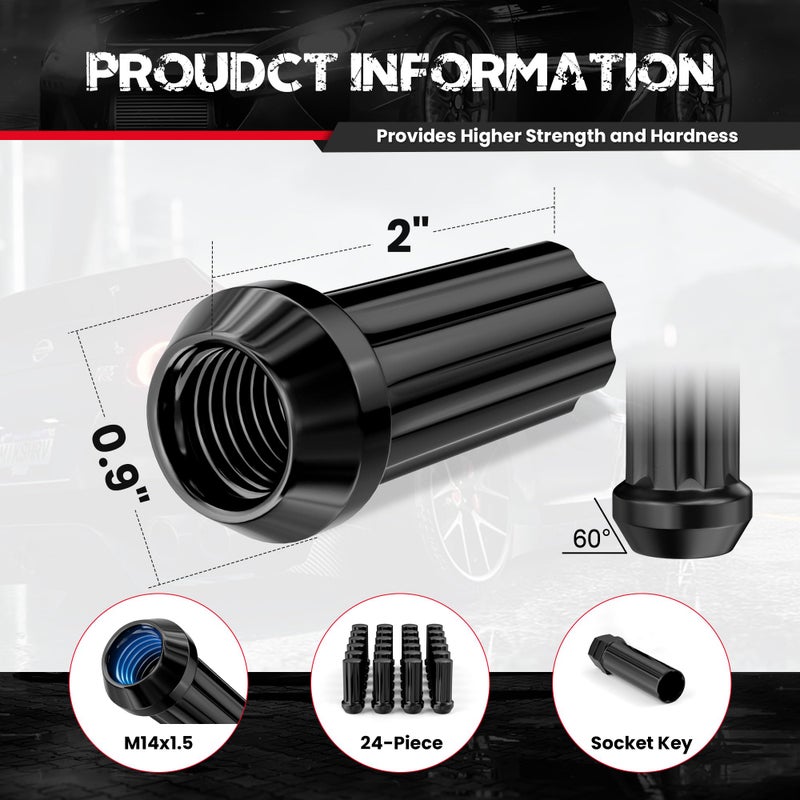 FLYCLE 14x1.5 Wheel Lug Nuts, 24 pcs Black M14x1.5 Lug Nut Closed End Long Extended XL Spline with 1 Socket Key for Silverado 1500 Tahoe Avalanche Sierra 1500 Yukon Escalade 6 Lug Aftermarket Wheels - Image 2